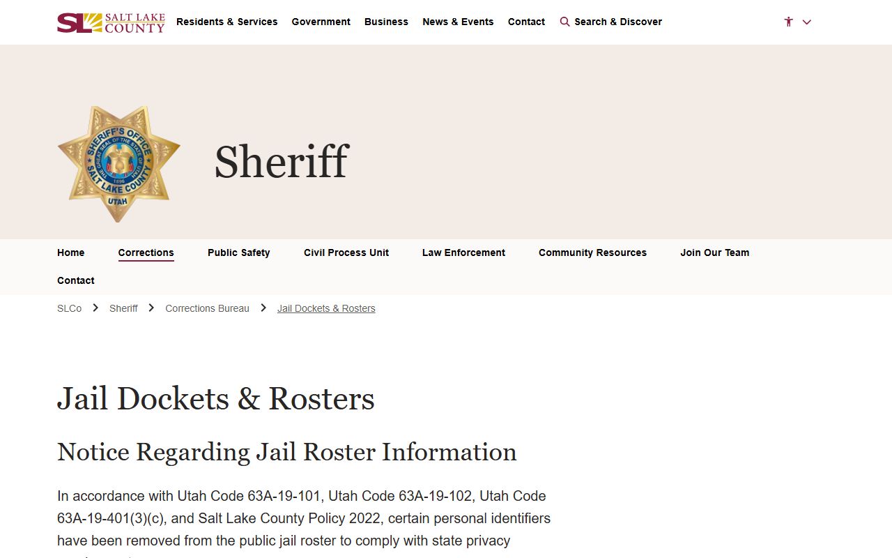 Salt Lake County police blotter jail rosters webpage