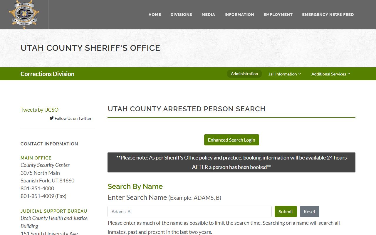 Utah County police blotter inmate search page