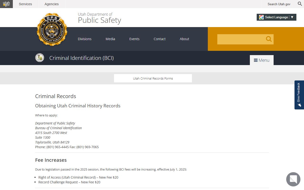Utah police blotter criminal records search through Utah BCI